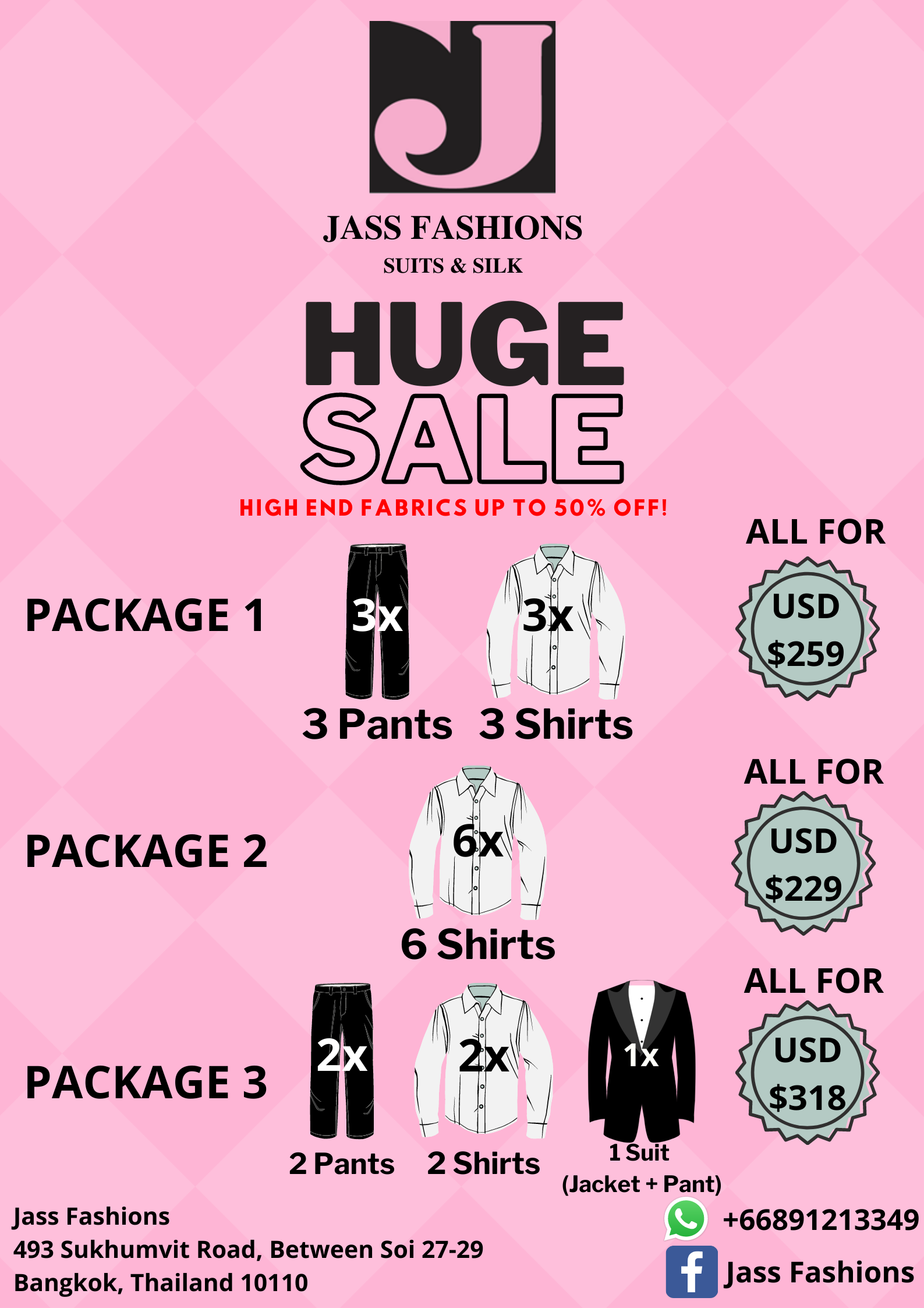 Jass Fashions huge sale - suit and shirt packages promotion